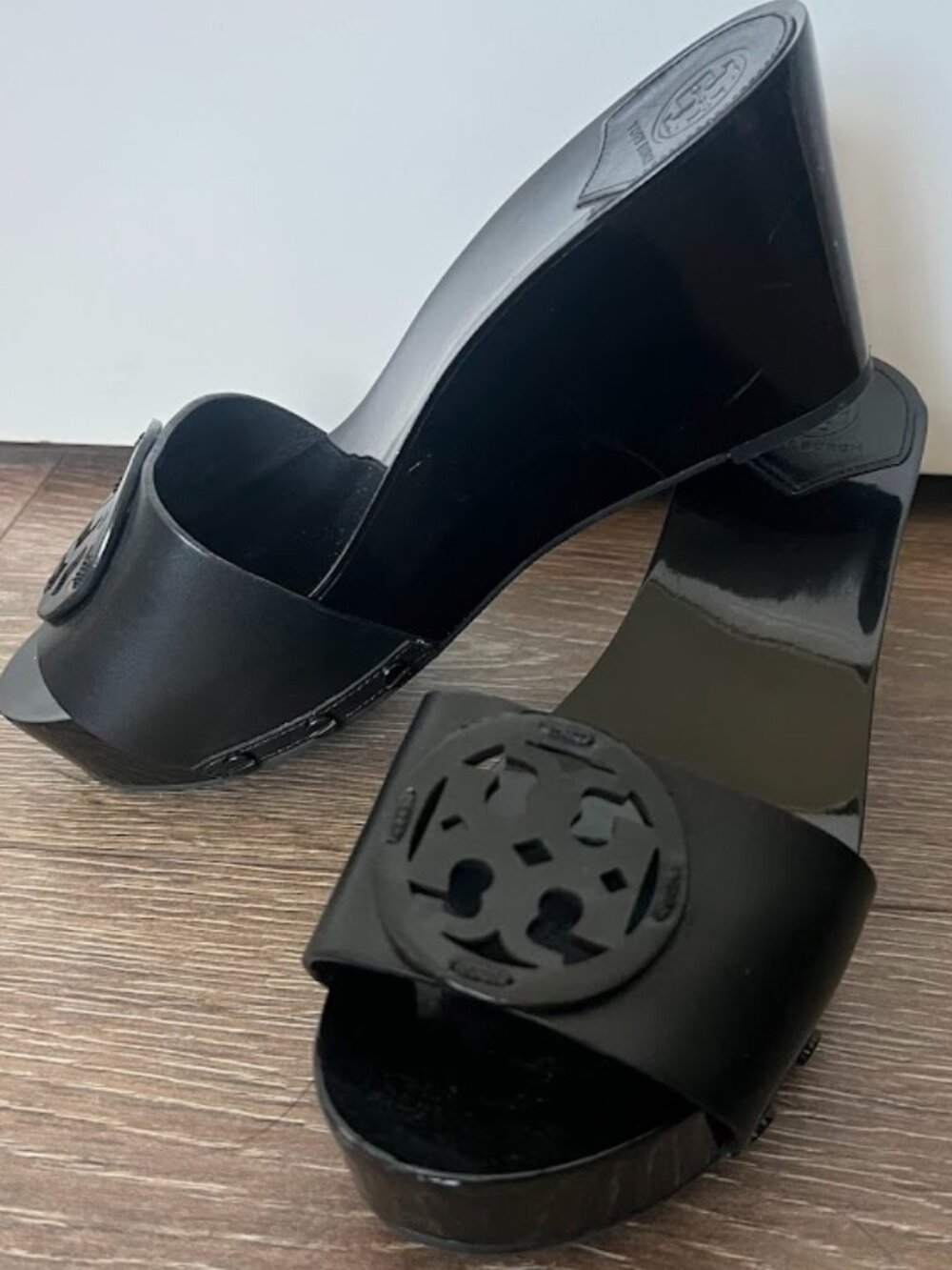 Tory Burch Black Patent Wedge Slide Sandals
